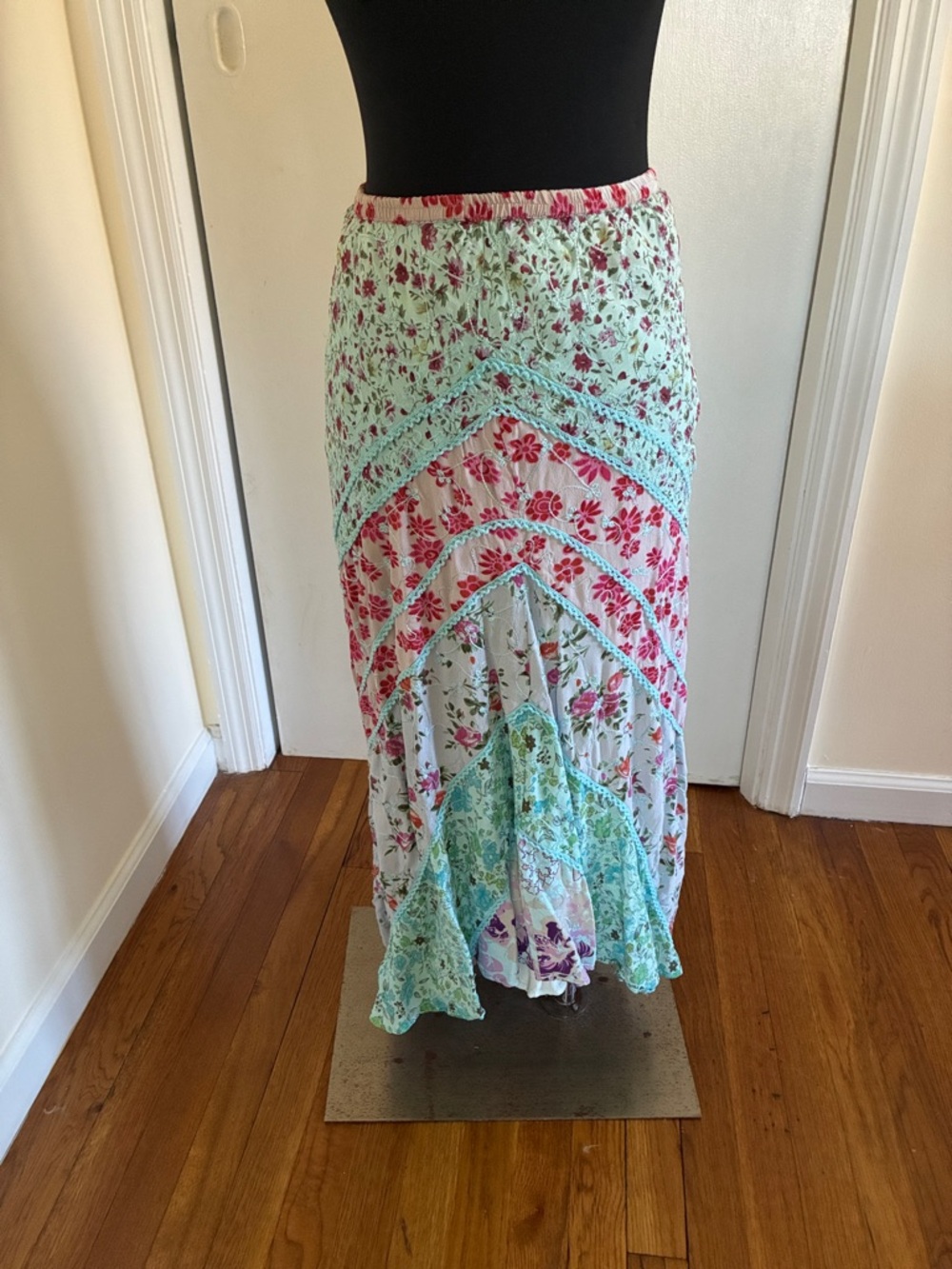 Floral Tiered Maxi Skirt in Mint and Pink